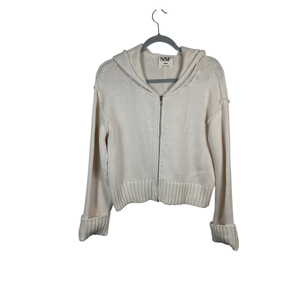 NSF Zip Up Hoodie Women M Cream Excellent Cotton Shaker Knit Cropped Sweater